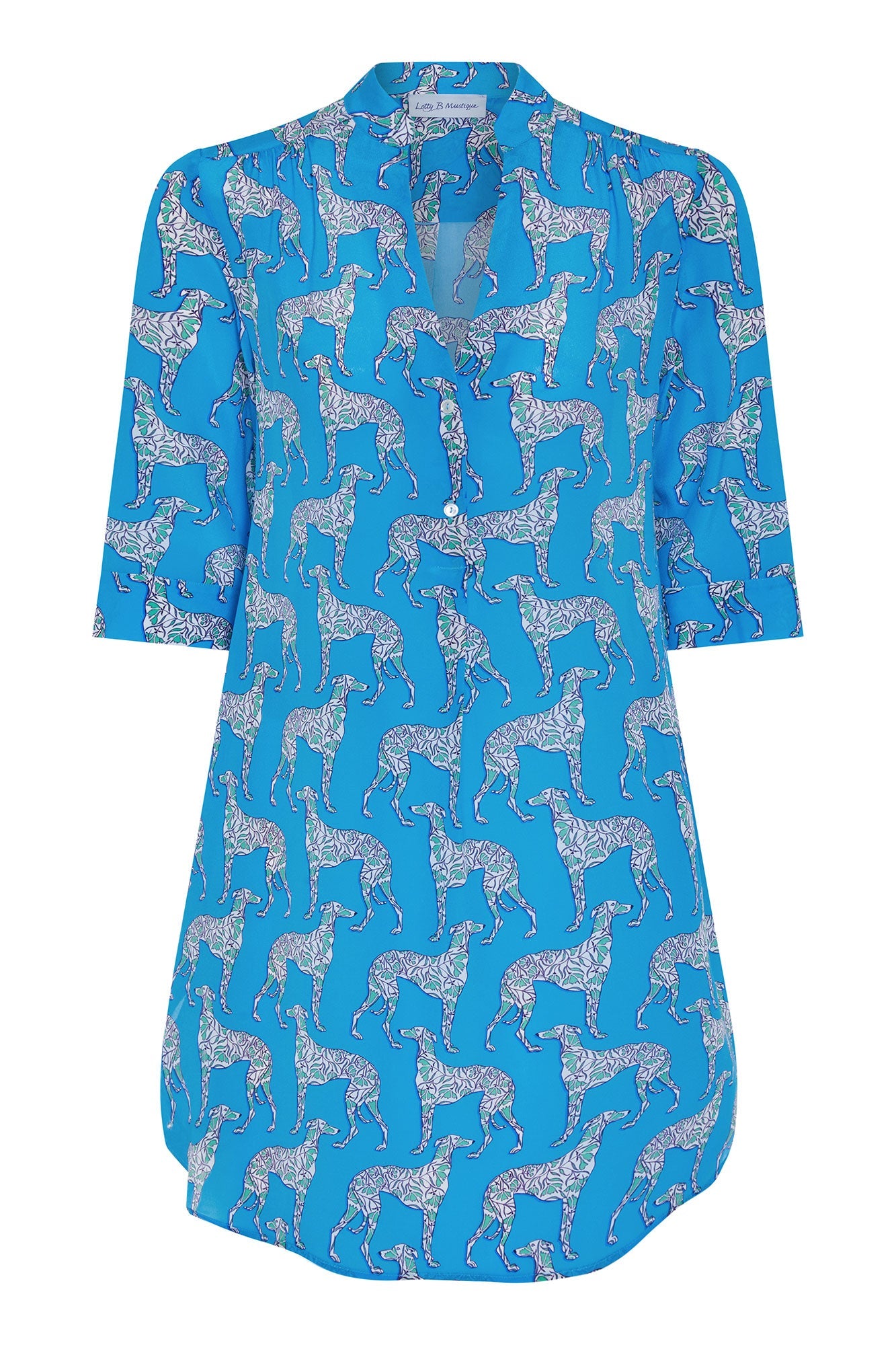 Short flared dress in pure silk Lurcher green blue print designer Lotty B Mustique