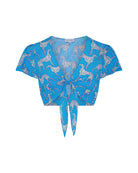 Pure silk cropped tie top in Lurcher dog blue & green print by designer Lotty B Mustique