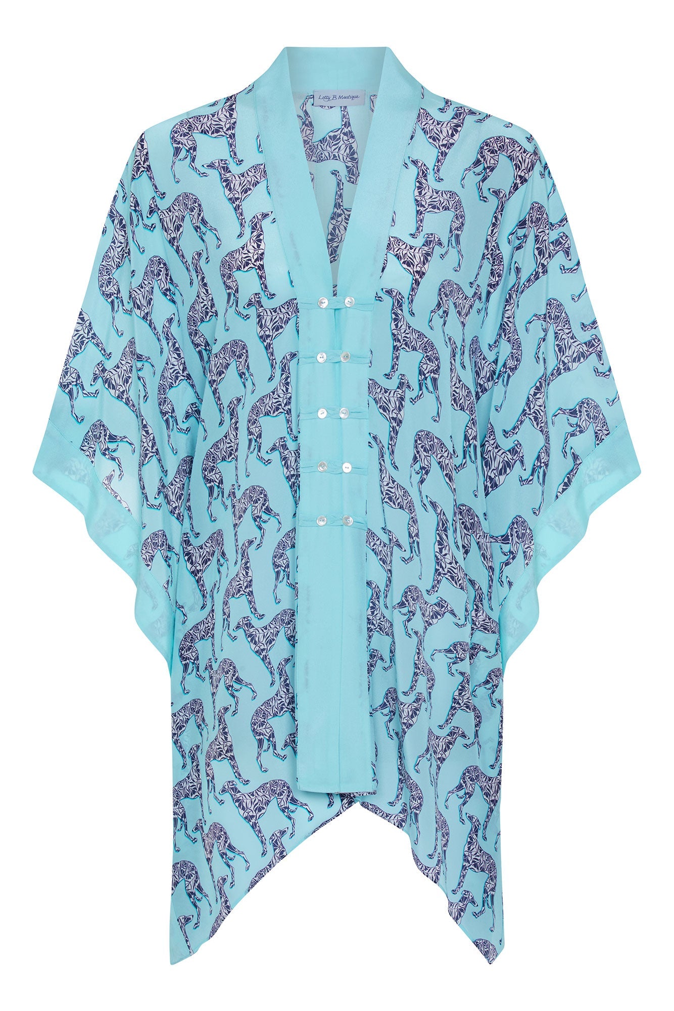 Pure silk Jade poncho in Lurcher aubergine pale blue print designer Lotty B Mustique