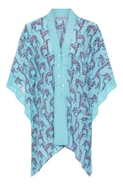 Pure silk Jade poncho in Lurcher aubergine pale blue print designer Lotty B Mustique