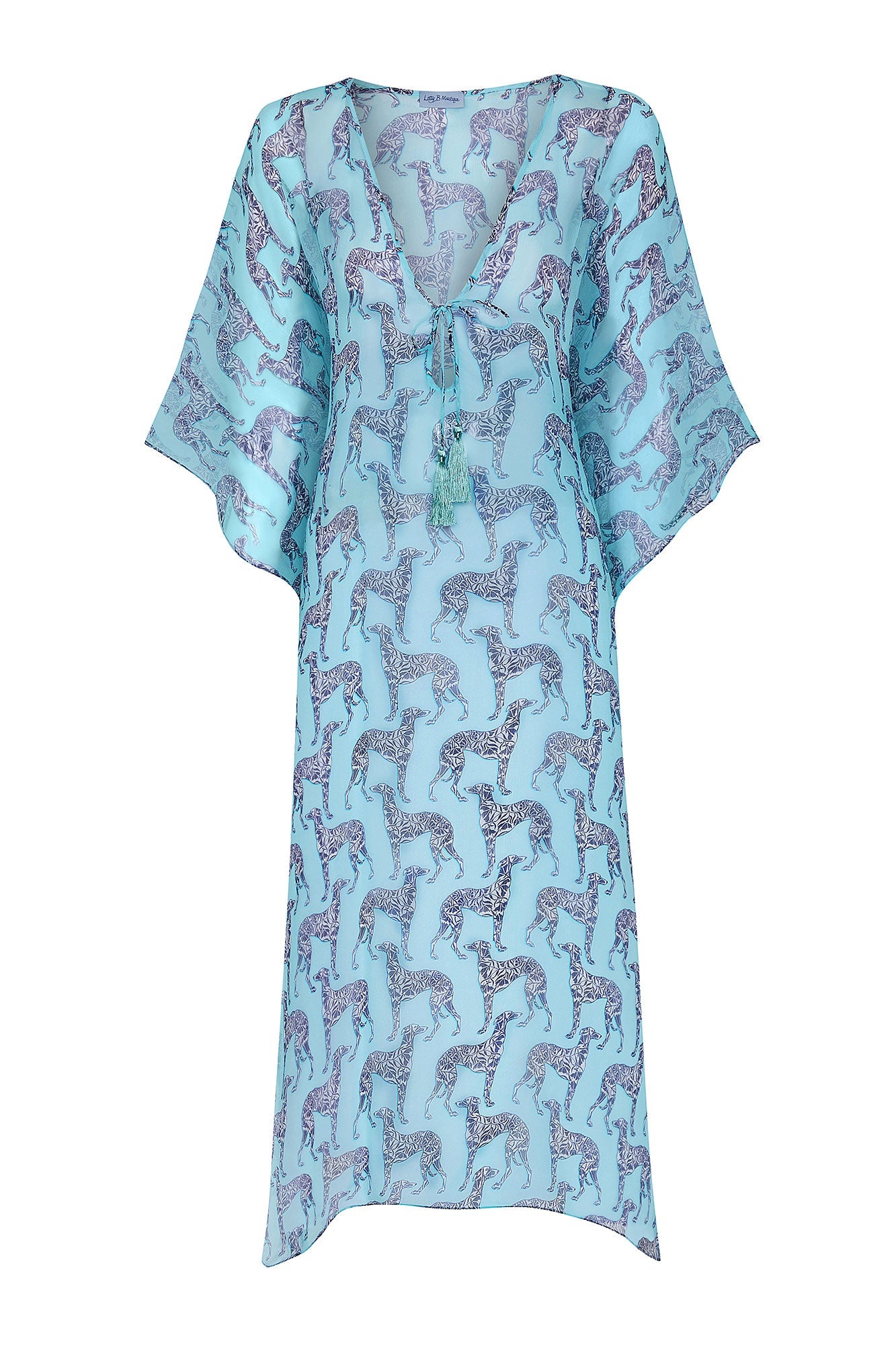 3/4 length silk chiffon kaftan in pale blue Lurcher print by Lotty B Mustique