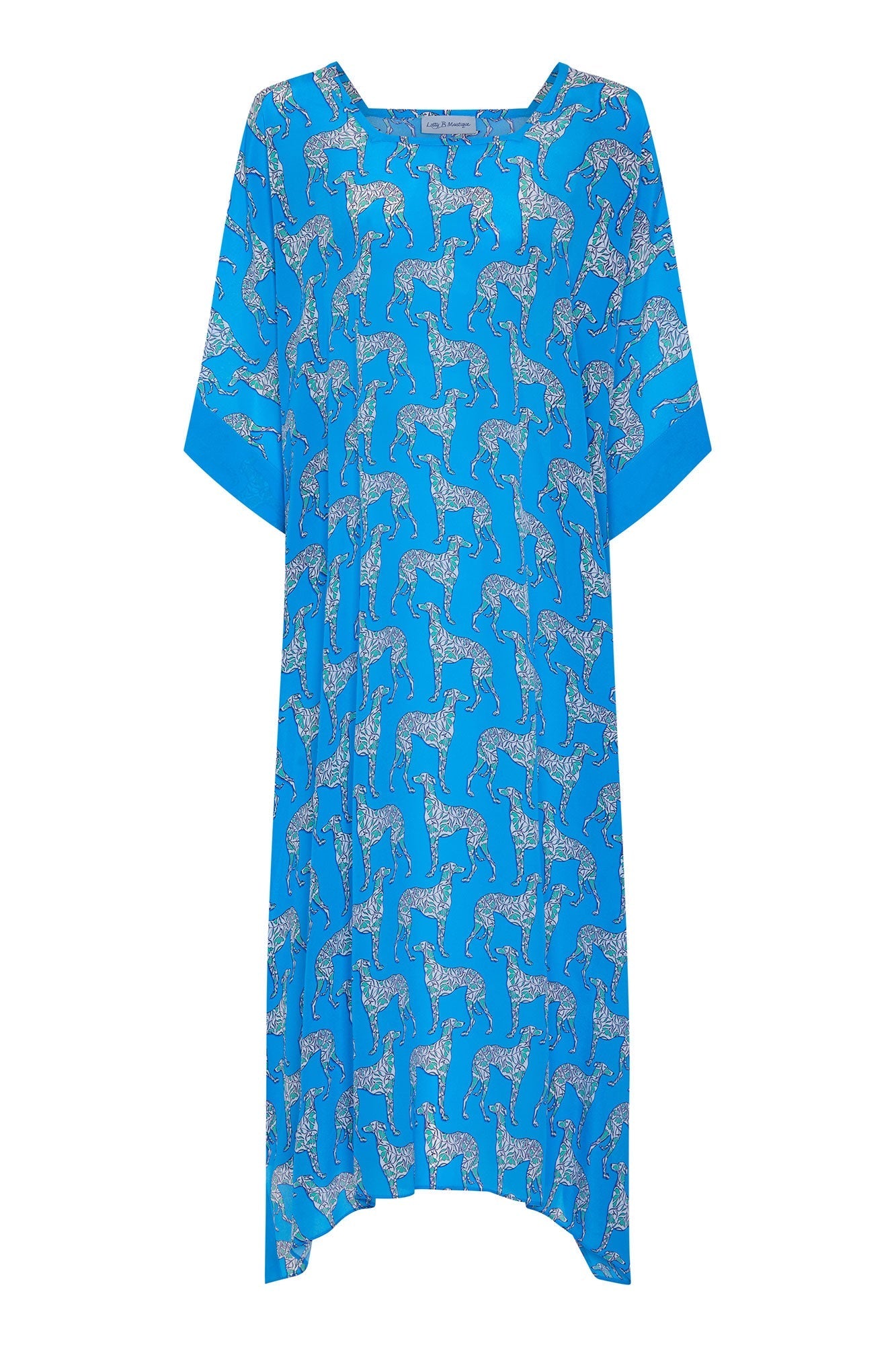 Maxi length pure silk kaftan in Lurcher green & blue print designer Lotty B Mustique