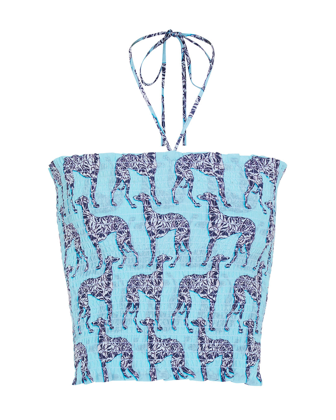 Shirred silk bandeau top in Lurcher aubergine & pale blue print by designer Lotty B Mustique 