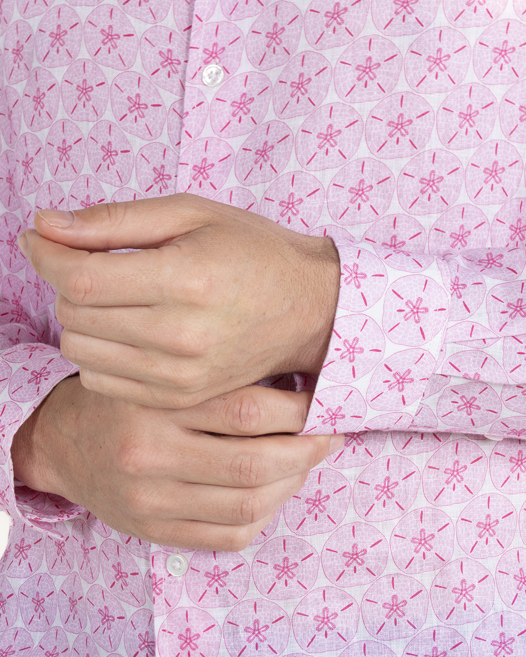 Top quality pure linen shirt in pink Sand Dollar print by designer Lotty B for Pink House