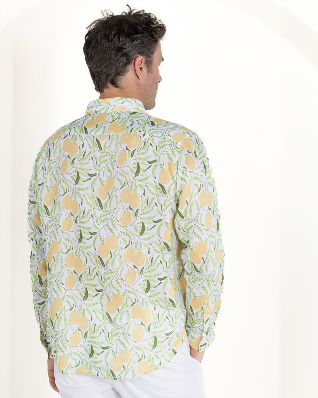 Pure linen shirt in green and yellow Mango print by Pink House