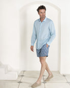 Quality mens vacation essentials recycled swim shorts in Sand Dollar blue by Pink House Mustique