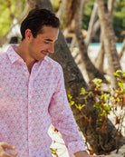 Men's tropical holiday shirt in pink Sand Dollar linen by designer Lotty B for Pink House