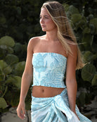 Beach luxury pure silk ruffle bandeau top bikini cover up in Turtle aqua blue print by designer Lotty B for Pink House