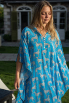 Luxury silk kaftan cover up in blue & green Lurcher dog design by Lotty B Mustique