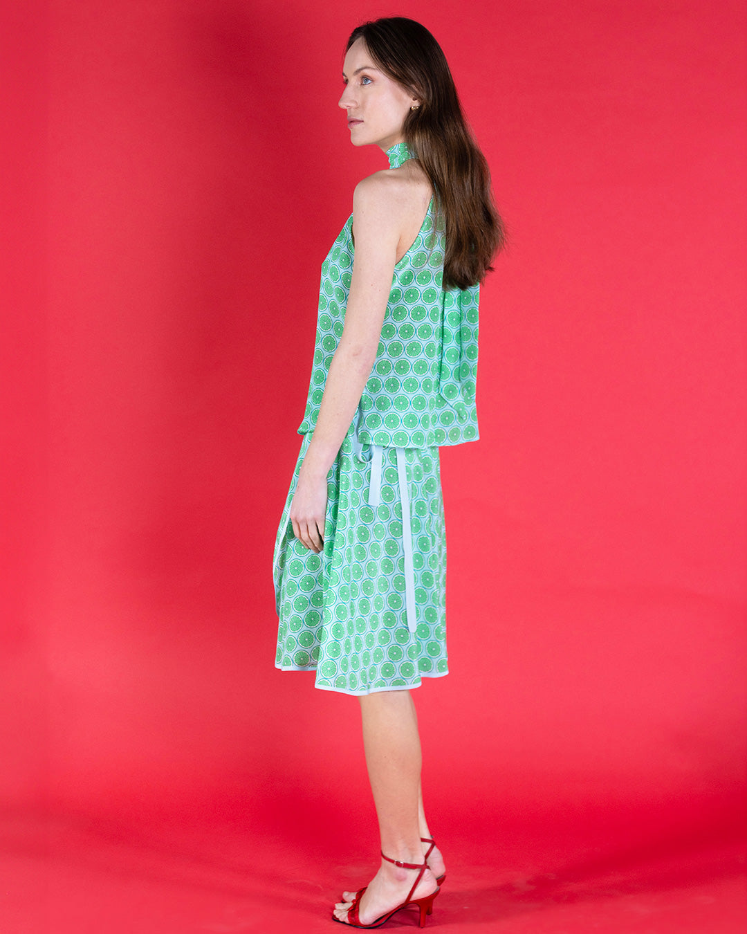 Silk Olivia halterneck top in green Lime Slice crepe-de-Chine silk with matching skirt outfit