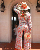 Kim blouse with matching Gabija palazzo pants for summer party silk suit flamboyant flower orange