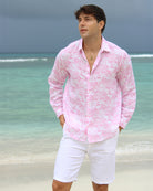 Men's tropical vacation shirt in signature pink Pink House Toile de Jouy print by Pink House