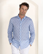 Best quality men's resortwear blue Sand Dollar linen shirt by designer Lotty B for Pink House