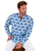 Mens Collarless Linen Shirt : FAN PALM NAVY / PALE BLUE front sitting