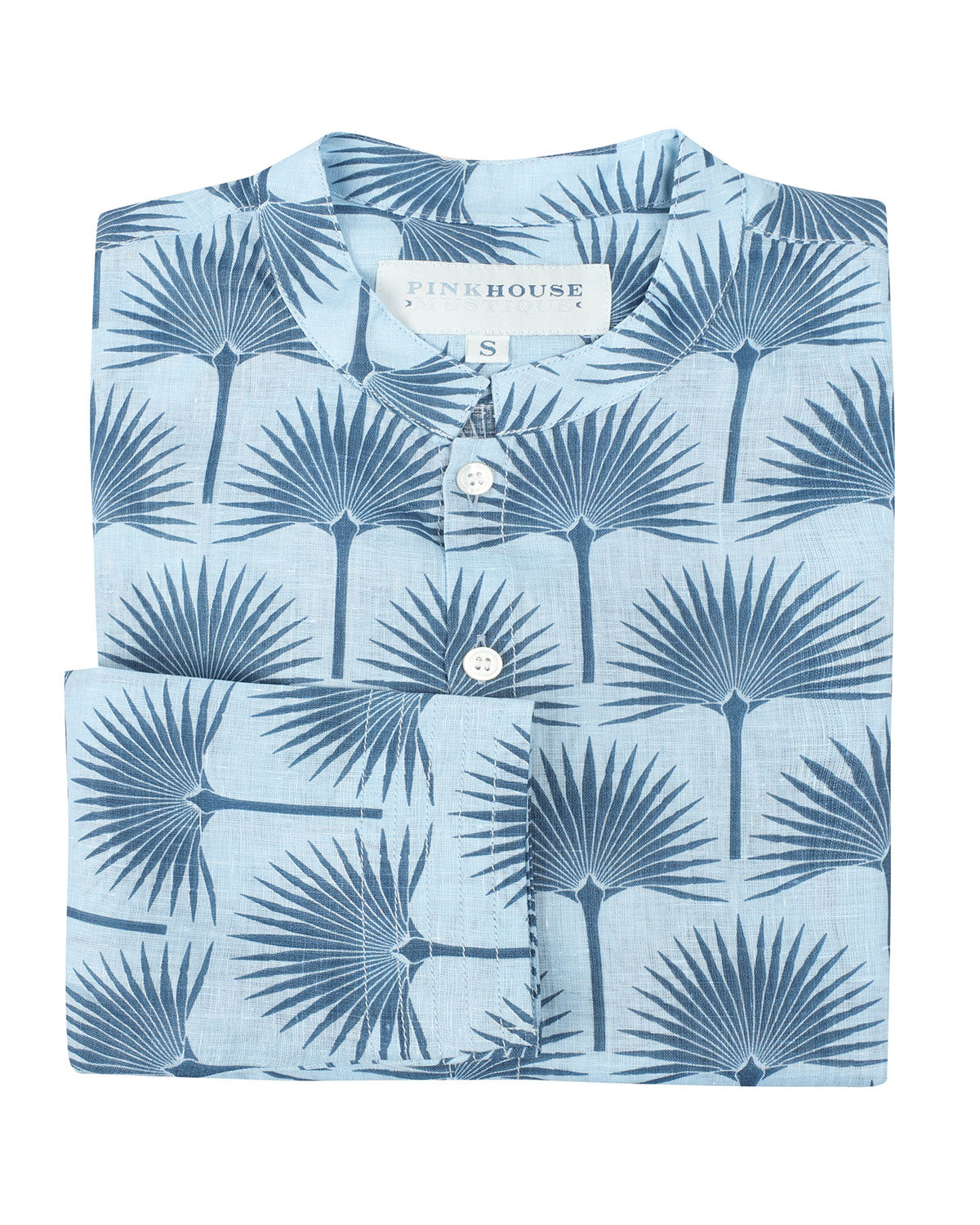 Mens Collarless Linen Shirt : FAN PALM NAVY / PALE BLUE