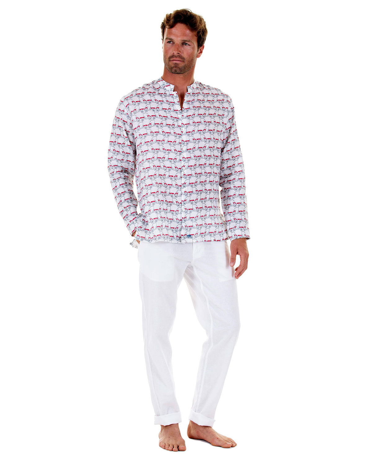 Mens Collarless Linen Shirt : MUSTIQUE MULE red with white linen trousers, front