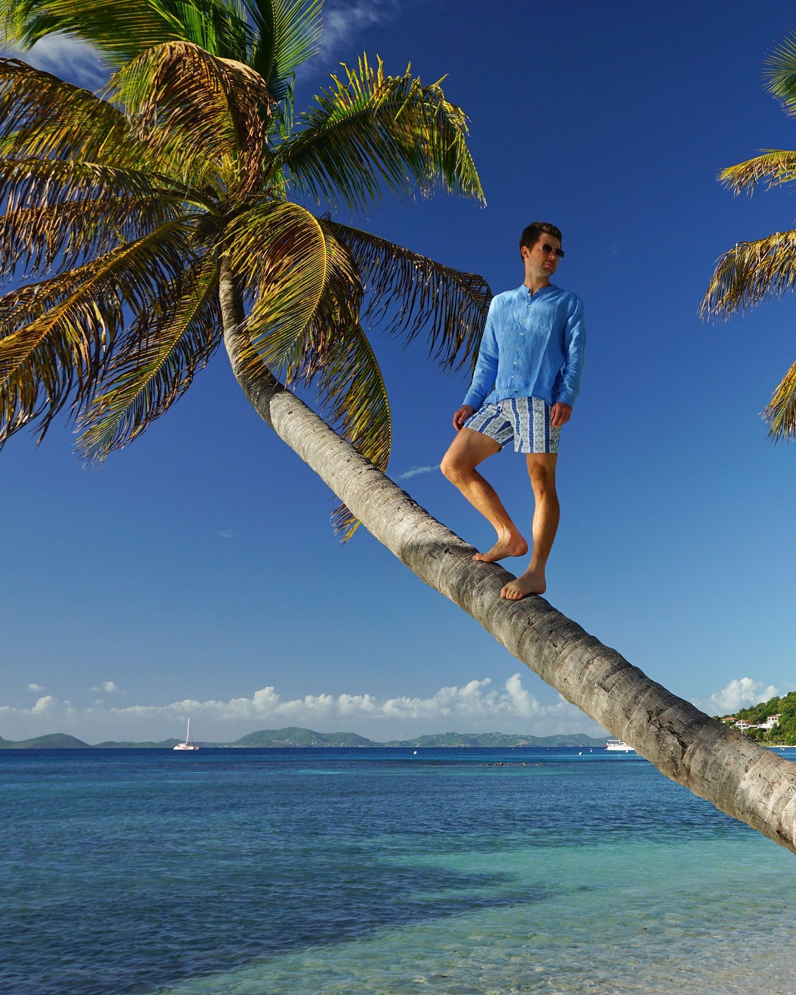 Mens Collarless Linen Shirt : FRENCH BLUE climbing the palm trees Mustique