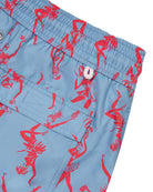 Back pocket detail of men's blue and pink Fruit Punch swim shorts in repreve recycled polyester mix by Lotty B for Pink House