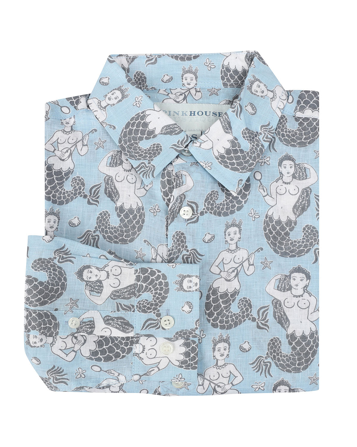 Mens Linen Shirt : MERMAID GREY / PALE BLUE