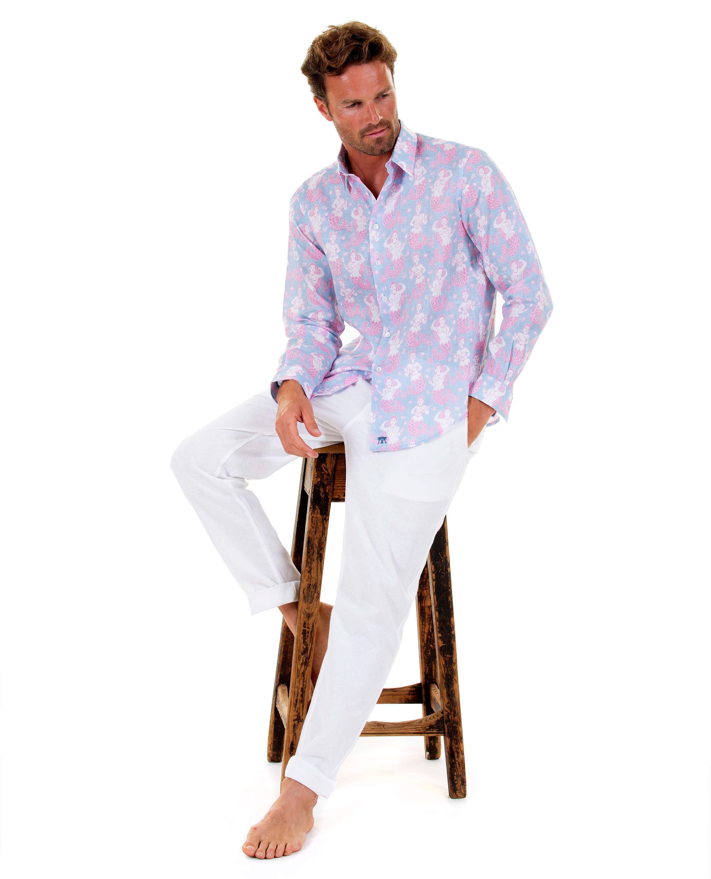 Mens Linen Shirt : MERMAID PINK / BLUE Mustique island style worn with classic white linen trousers