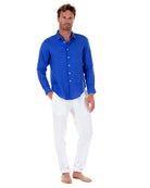 Mens designer Linen Shirt by Lotty B for Pink House Mustique in plain Dazzling Blue, Model Front