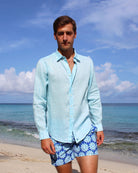 Mens Linen Shirt: PALE BLUE lifestyle front