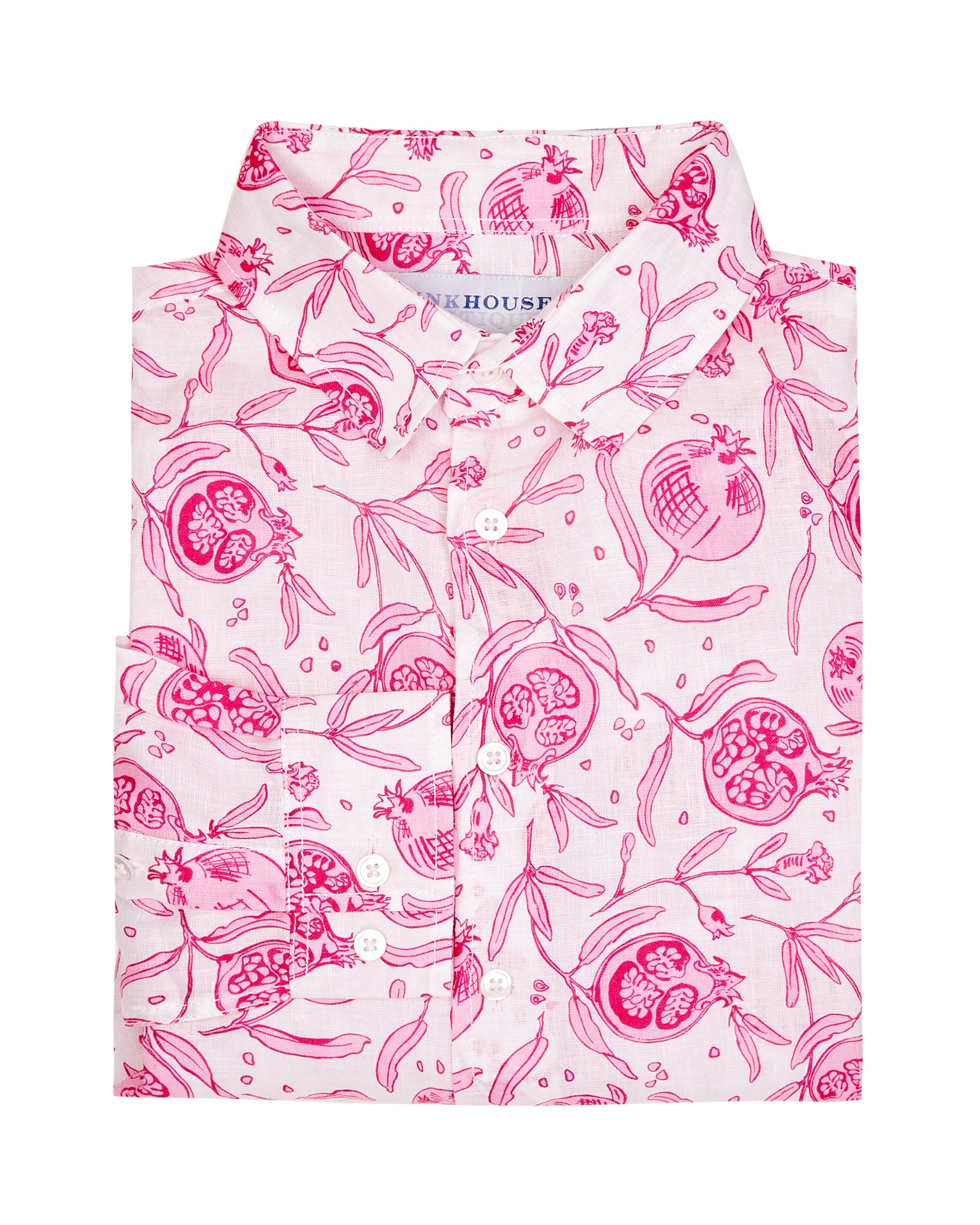 Mens linen shirt in Pomegranate pink print by designer Lotty B