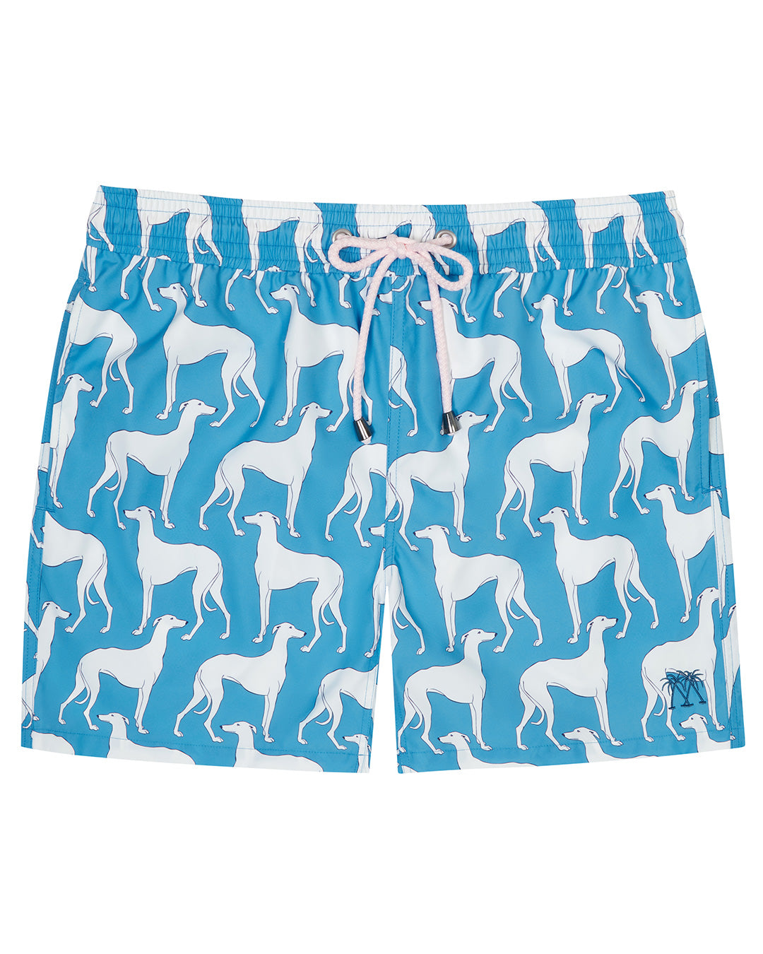 Men's recycled swim shorts in bright blue Lurcher print