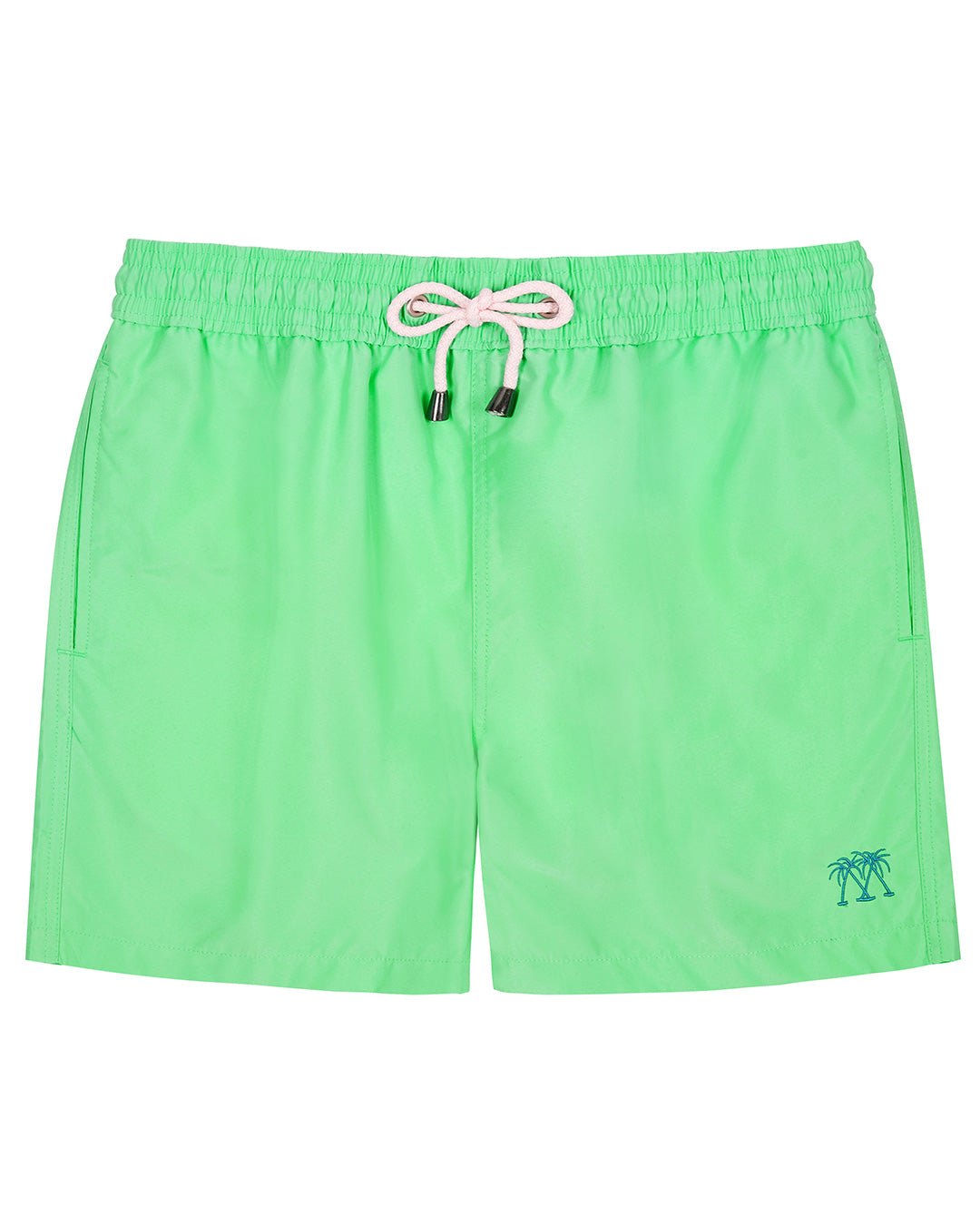 Mens quick-dry swim shorts in solid green designer Lotty B Mustique for Pink House holiday essentials