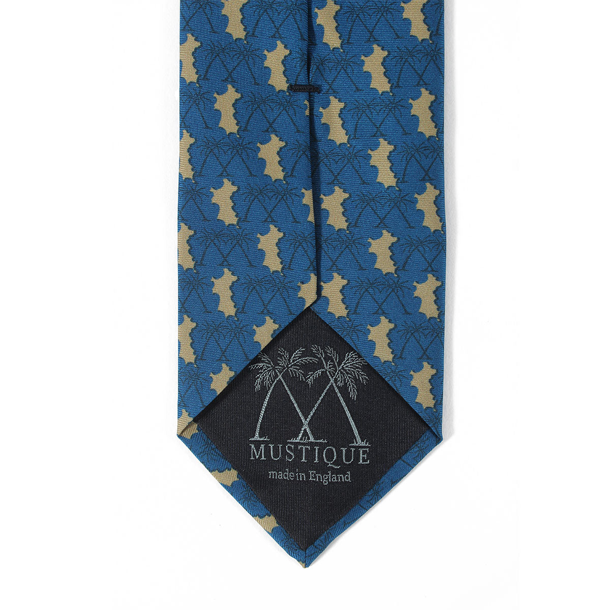 Mens Silk Tie : MUSTIQUE PALMS - NAVY / GOLD - logo detail