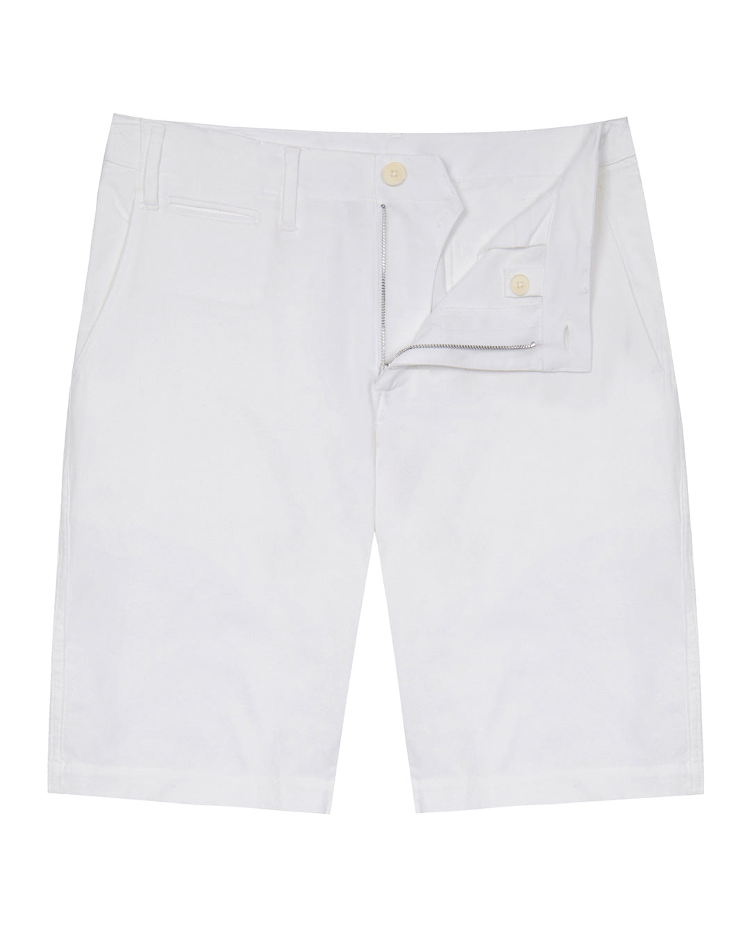 Button and fly closure on men's classic white linen shorts by designer Lotty B for Pink House Mustique