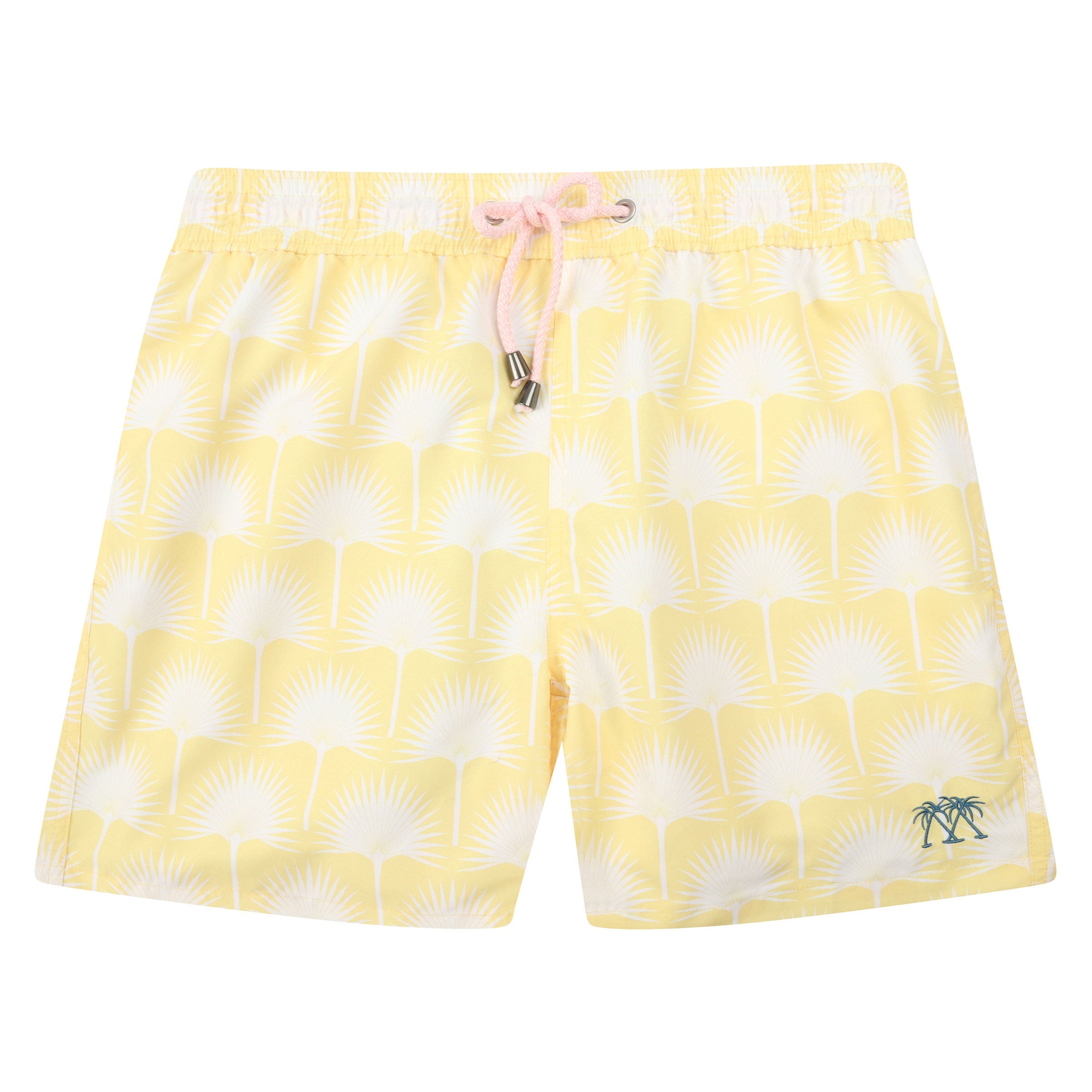 Mens premium quick-dry swim shorts in yellow FAN PALM print by Lotty B Mustique beachwear