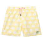 Mens premium quick-dry swim shorts in yellow FAN PALM print by Lotty B Mustique beachwear