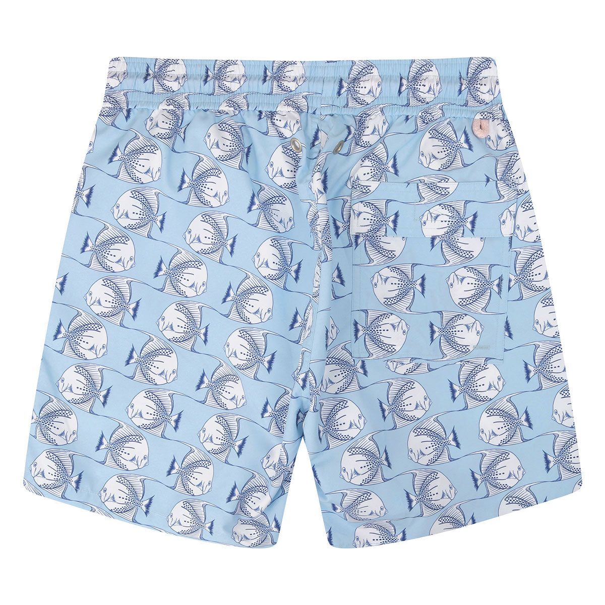 Back detail of men's swim shorts in Airforce Blue Fish print by designer Lotty B for Pink House Mustique