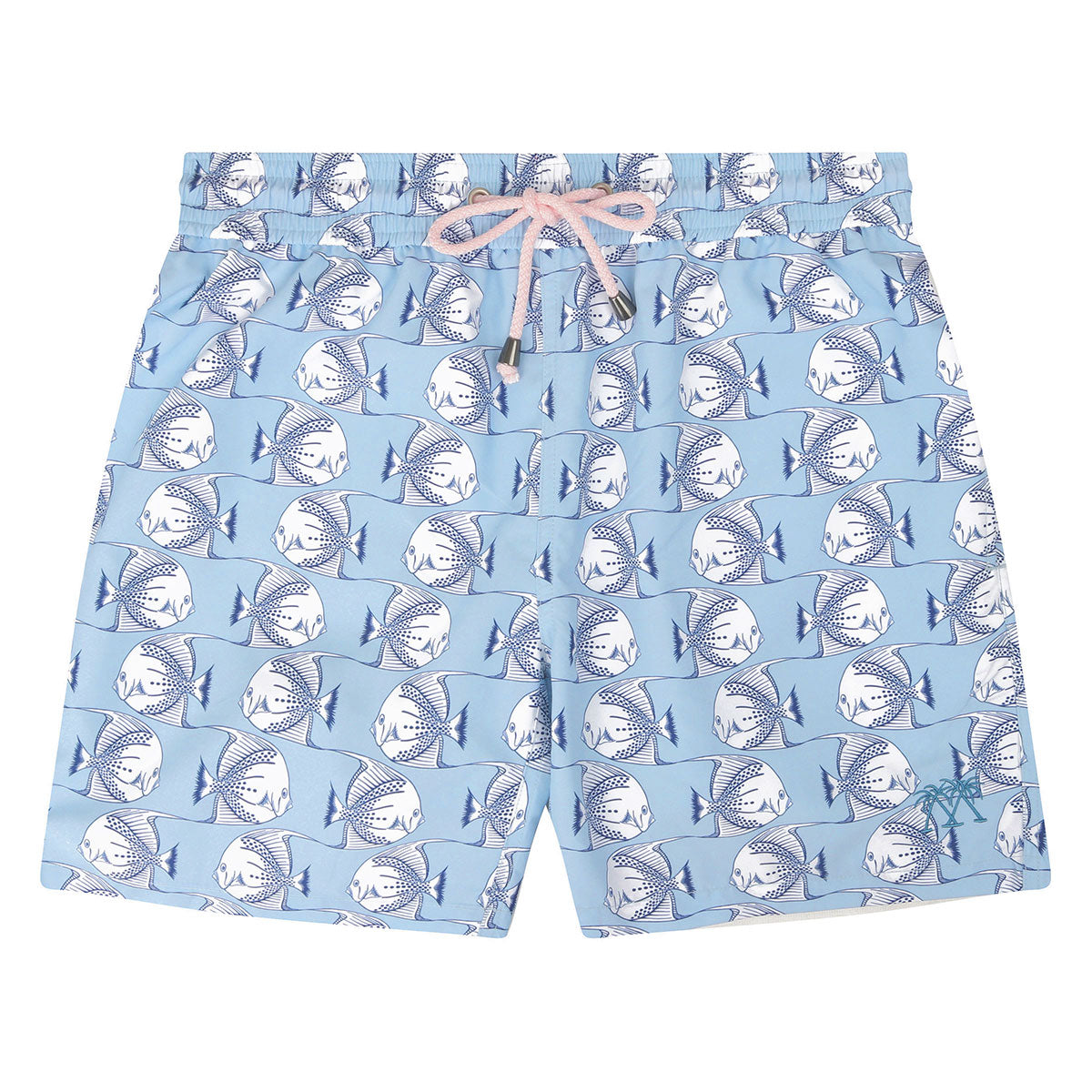 Men's swim shorts in Airforce Blue Fish print by designer Lotty B for Pink House Mustique