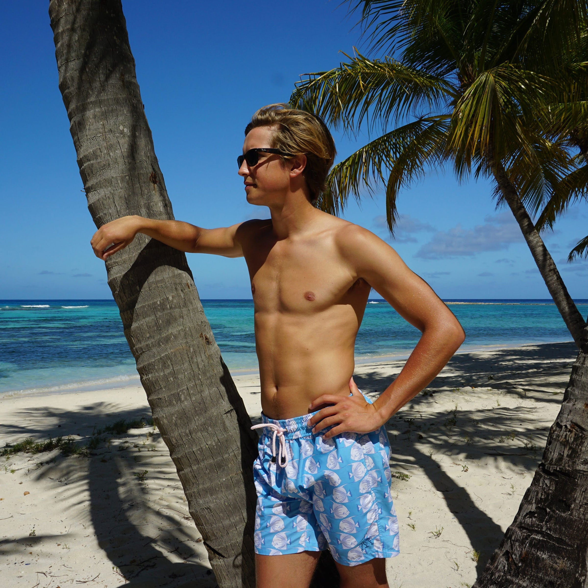 Mens swim trunks : FISH - TURQUOISE designer Lotty B Mustique life style