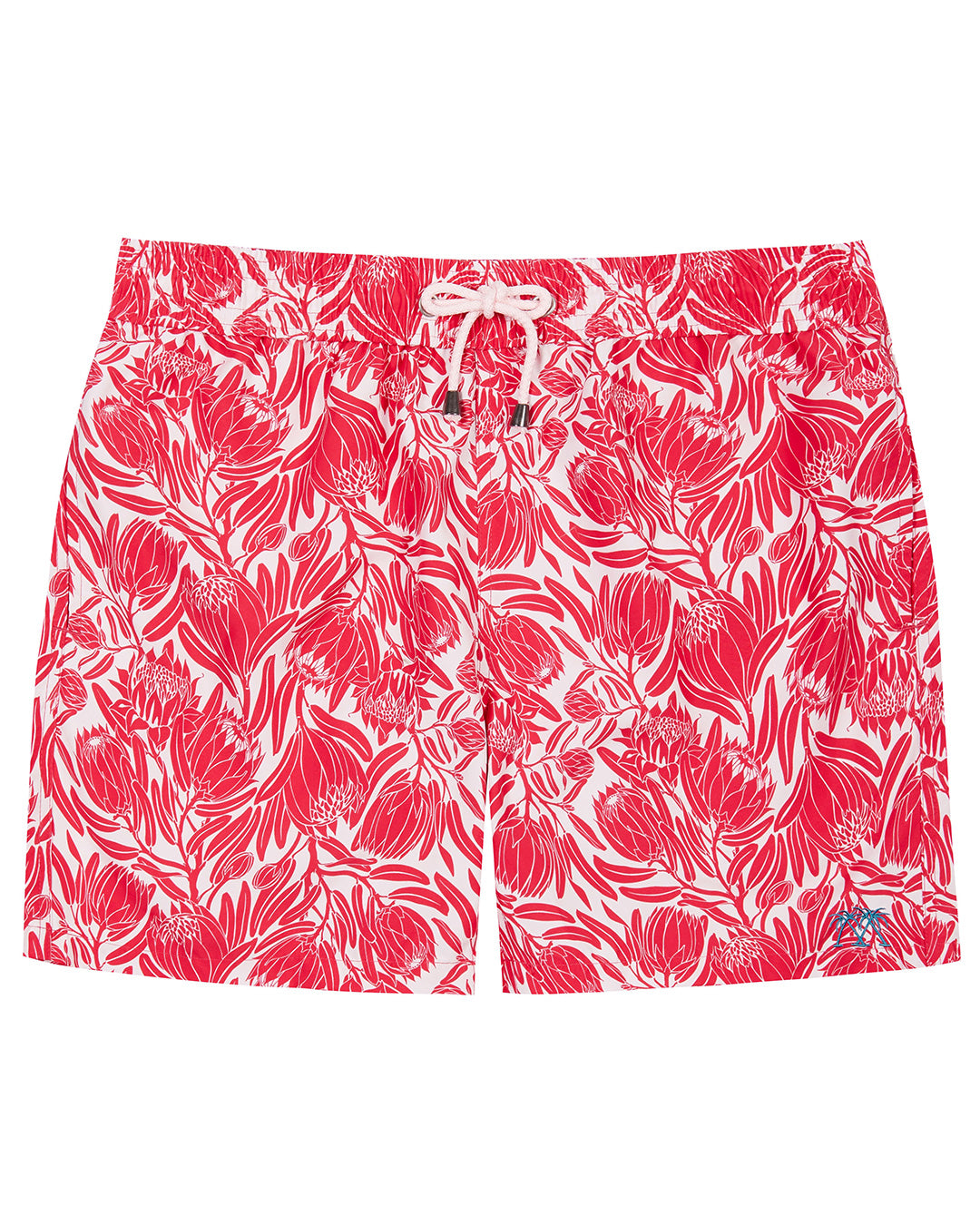 Mens swim shorts recycled fabric in floral protea red and white print