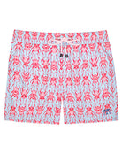 Men's swim shorts in red and pale blue Beetle print by Lotty B for Pink House