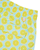 Back pocket and waistband detail for men's recycled fabric pale blue swim shorts with bright yellow Lime Slice print by Lotty B for Pink House