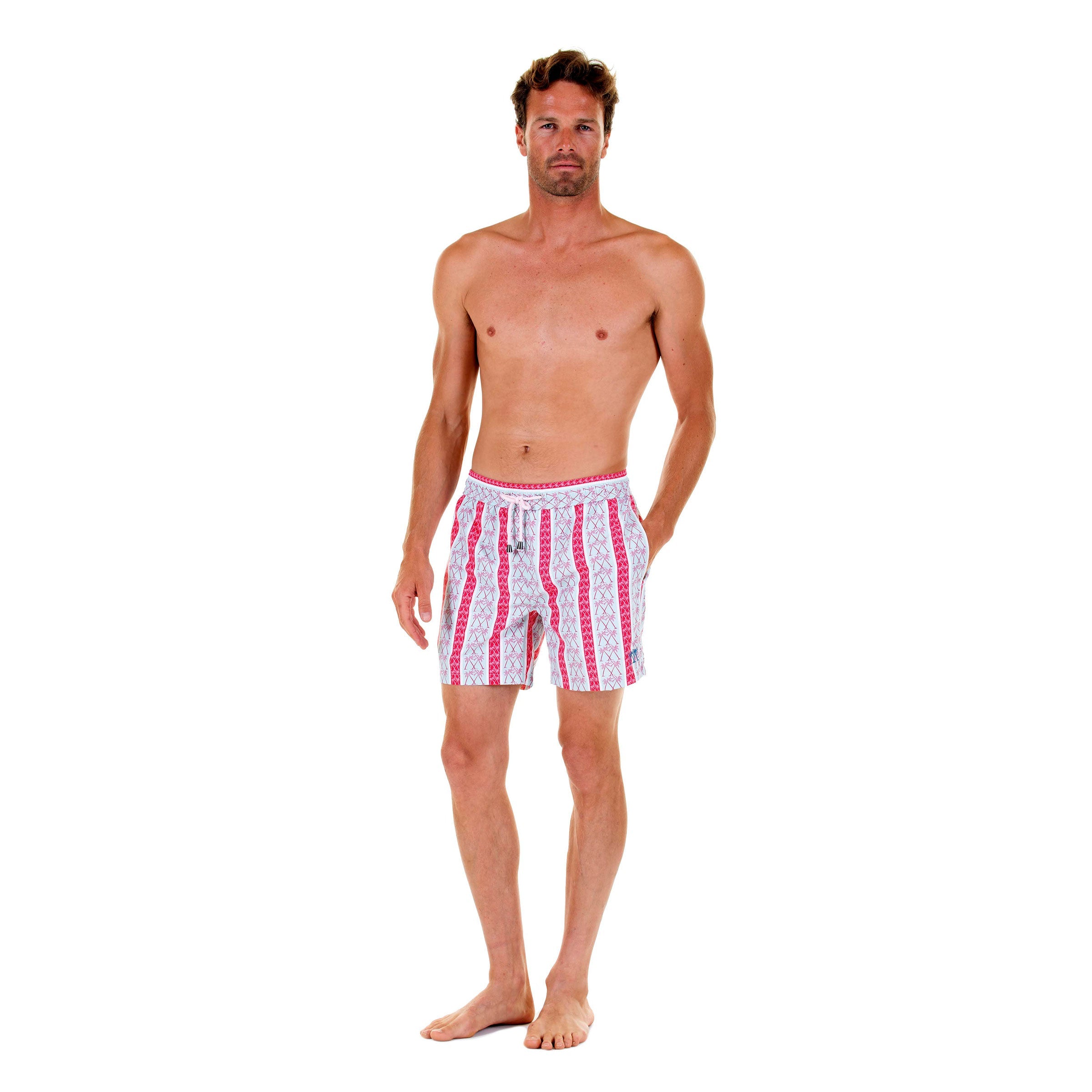 Mens swim trunks : PALM STRIPE - RED, front