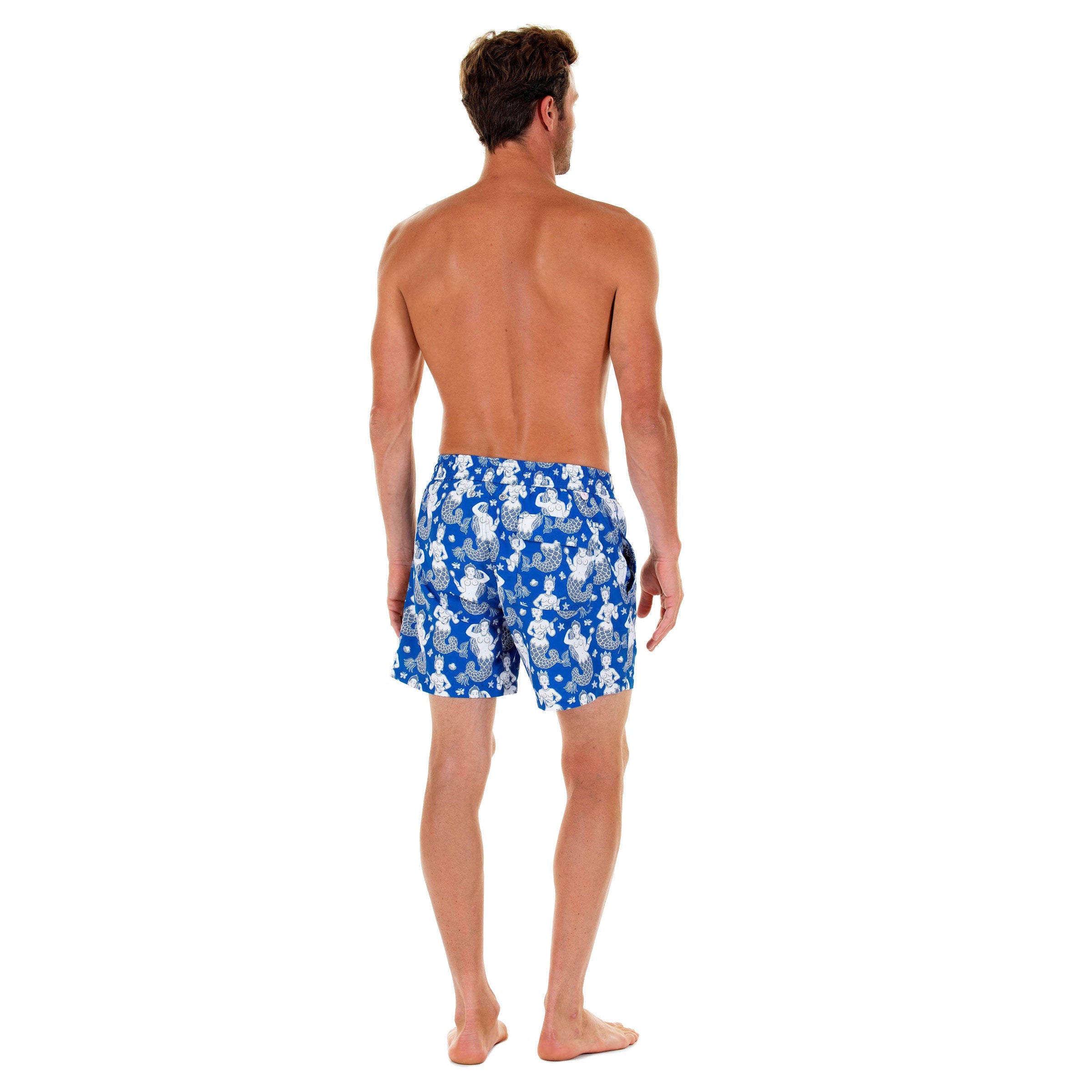 Mens designer swim trunks : MERMAID - NAVY back. Easy Caribbean style