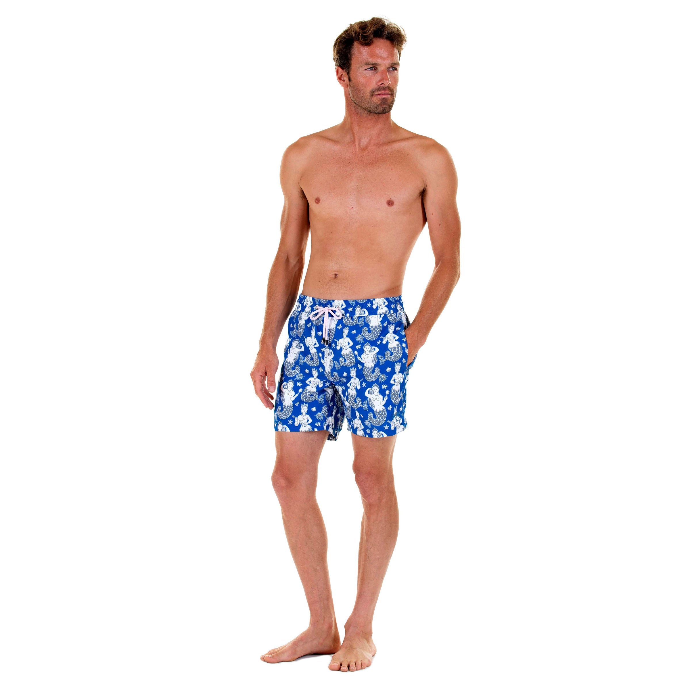 Mens designer swim trunks : MERMAID - NAVY front. Easy Caribbean style