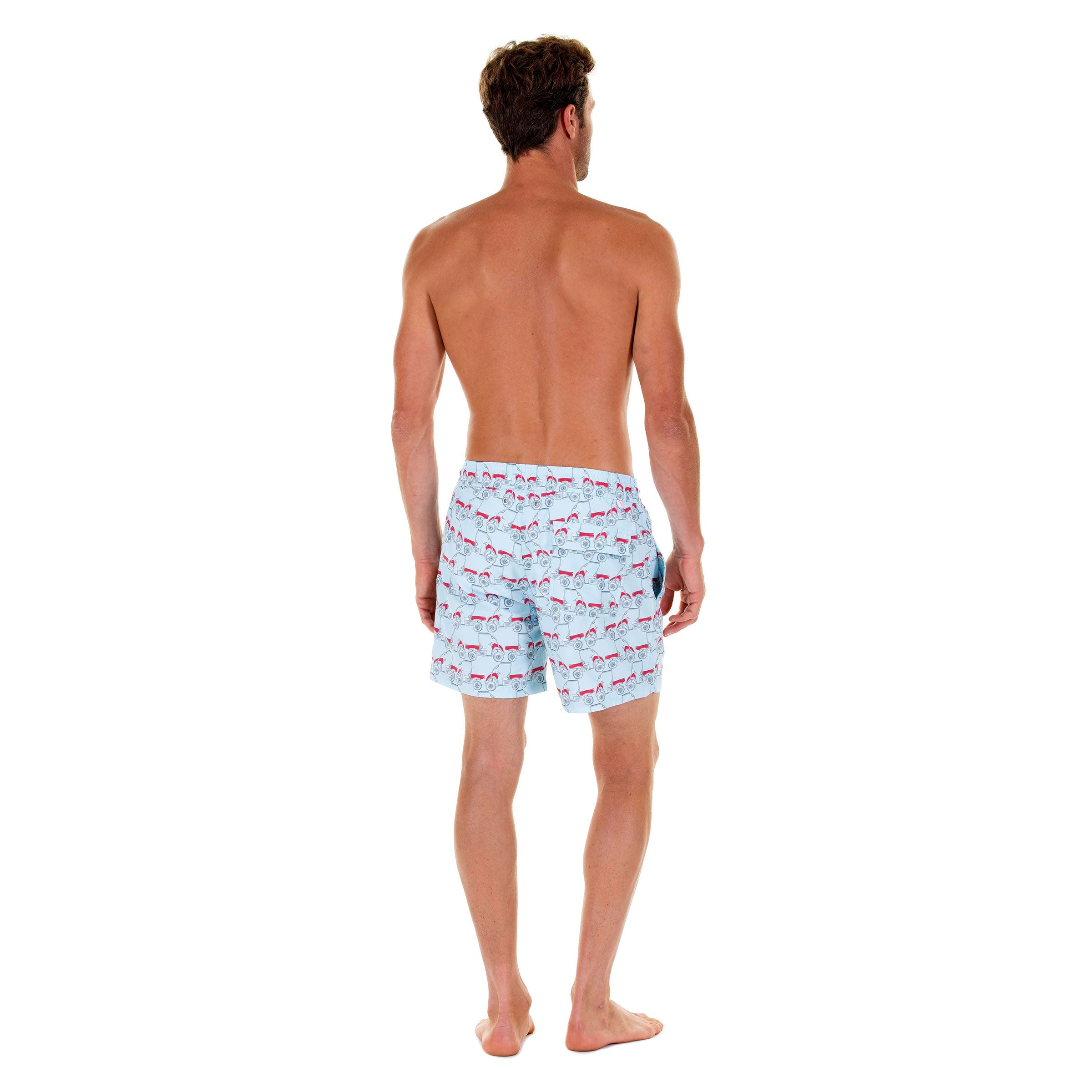 Mens swim trunks : MUSTIQUE MULE - RED back. Comfortable, practical & stylish