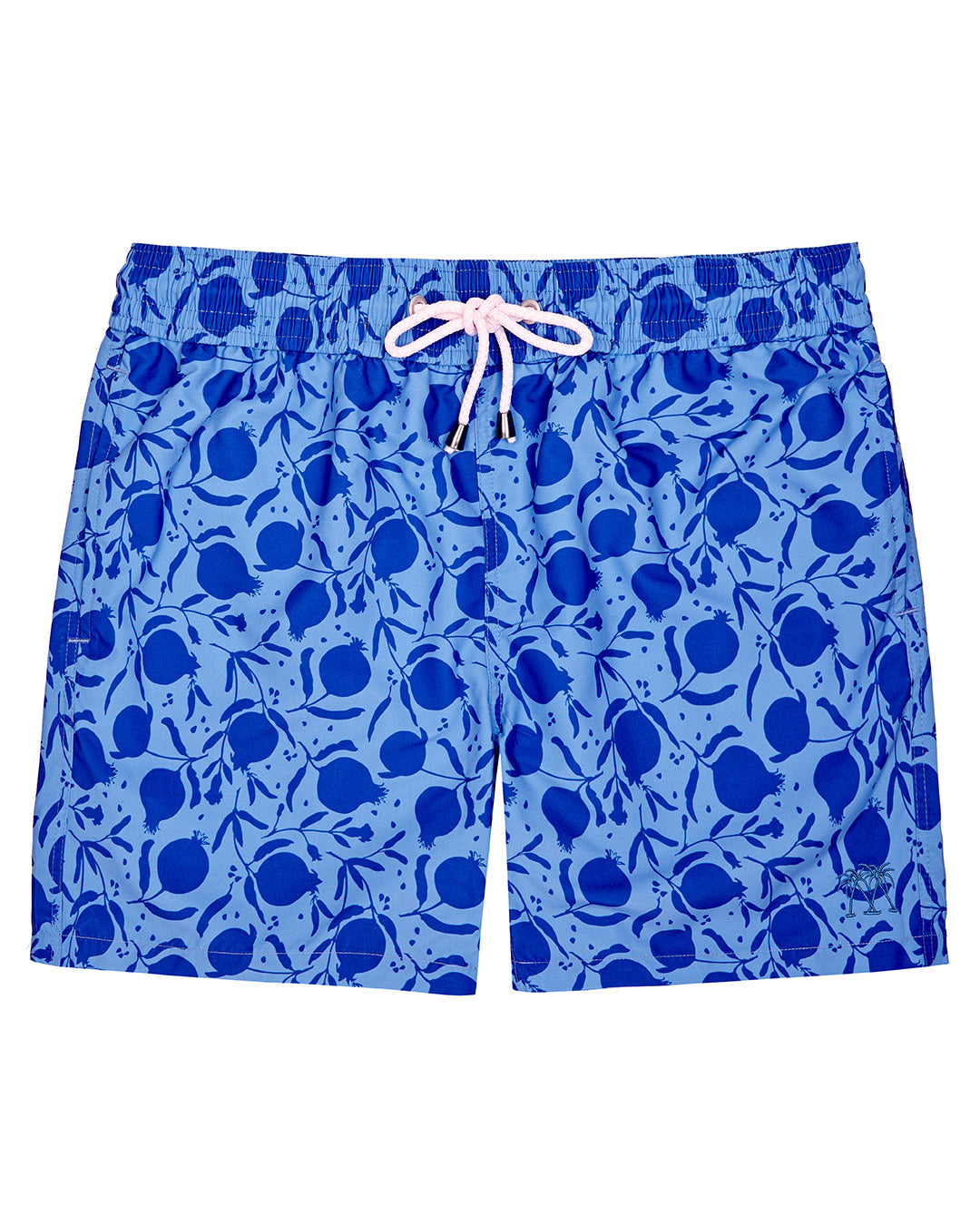 Mens recycled swim shorts in blue Pomegranate print by Lotty B for Pink House