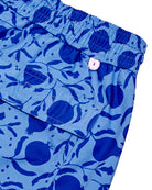 Back pocket and waistband detail for men's recycled swim shorts in blue Pomegranate print by Lotty B for Pink House