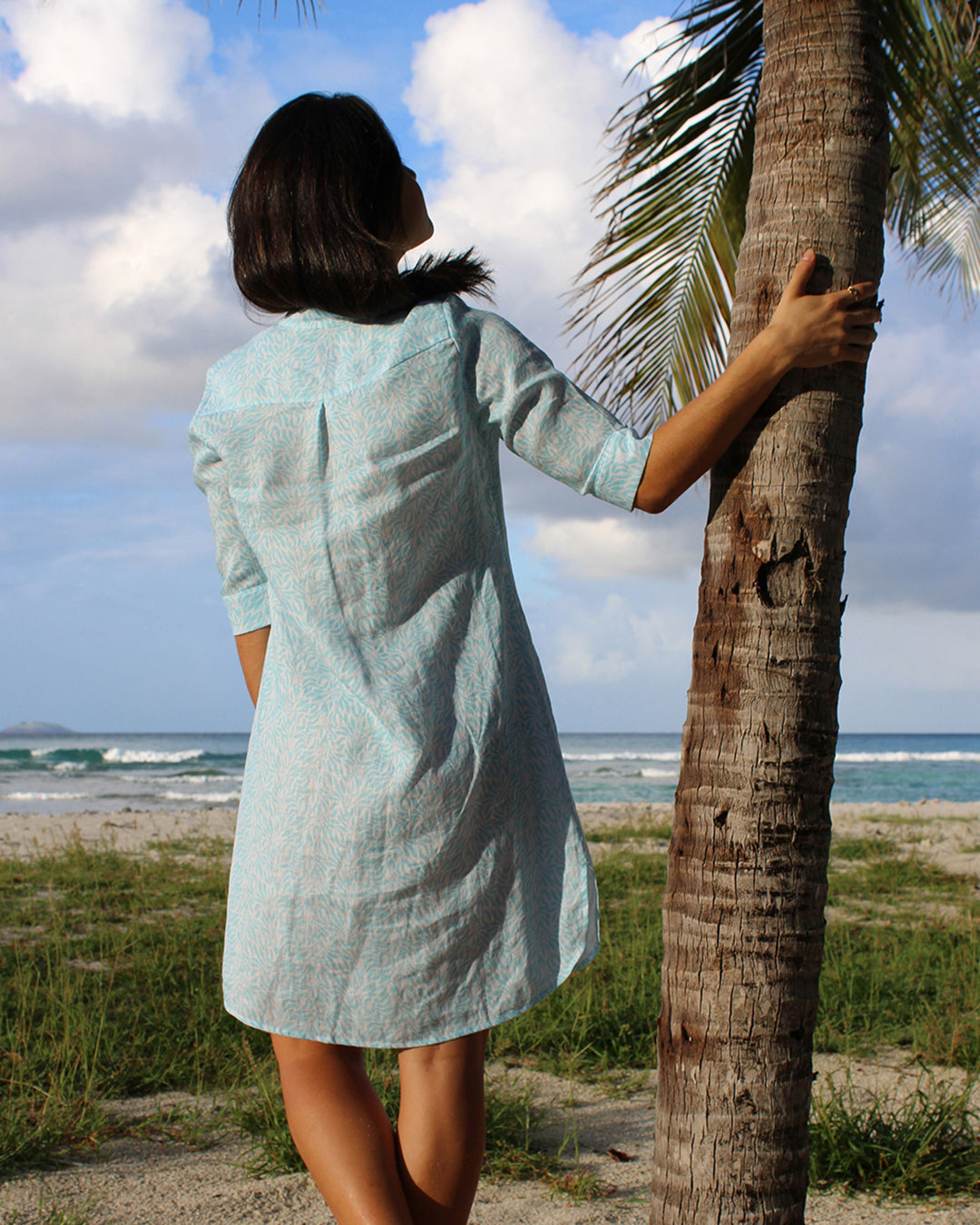 Tropical island holiday linen beach dress in blue Sealeaf design Lagoon Bay, Mustique Island