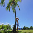 Mens swim trunks : FAN PALM - NAVY, shower under the palms Mustique