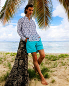 Mens Collarless Linen Shirt: GECKO - NAVY designer Lotty B Mustique Beach style