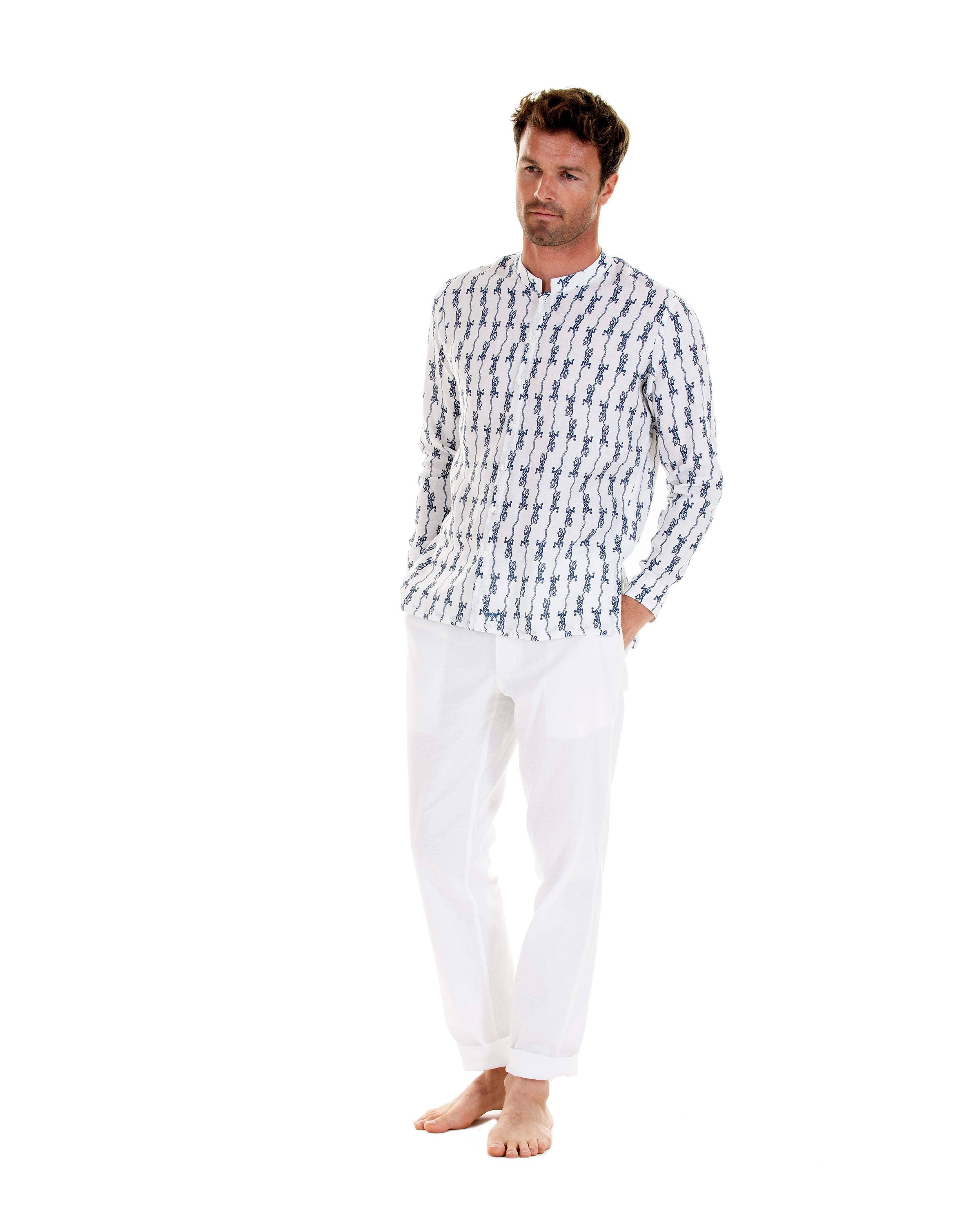 Mens Collarless Linen Shirt: GECKO - NAVY designer Lotty B for Pink House Mustique Mens Resort wear