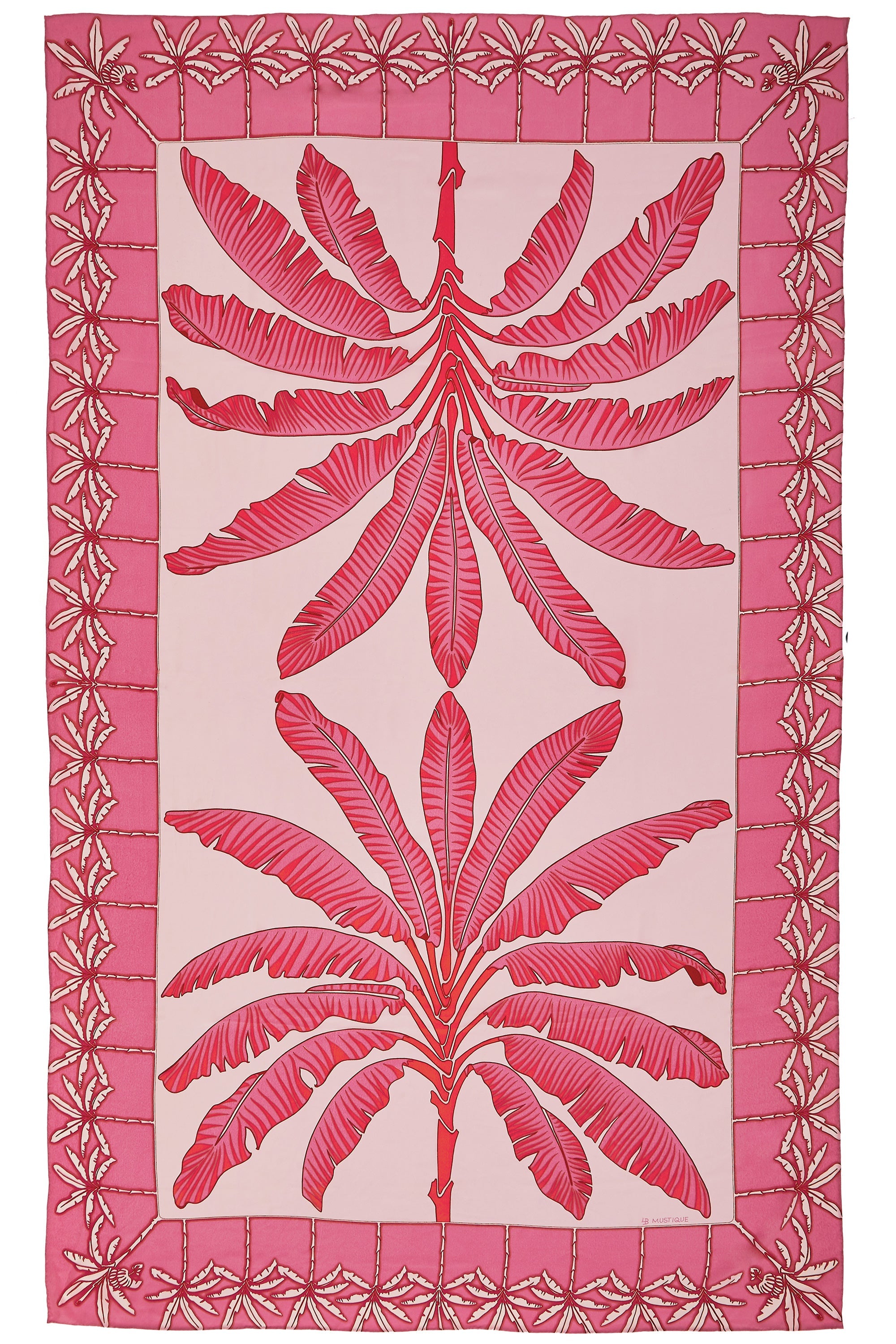 Pure silk sarong in Banana Tree pink design by Lotty B Mustique luxury resortwear